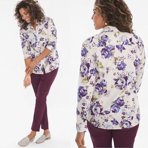 CHICO’S No Iron Caroline Soft Floral Sateen Button Down Long Sleeve Shirt Large
